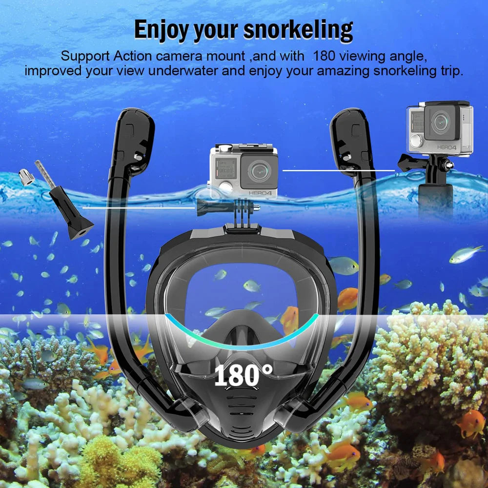 Maschera Snorkeling Panoramica 180° - Antiappannamento, Dry Top, 2 Snorkel