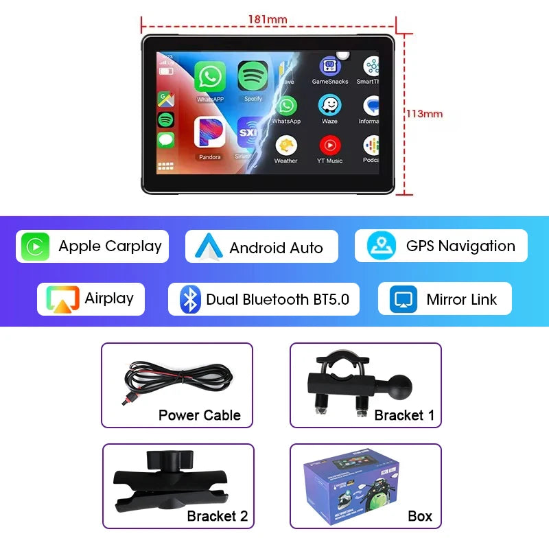 Schermo Moto 7" Wireless CarPlay & Android Auto | GPS | DVR | IPX7 | Touchscreen