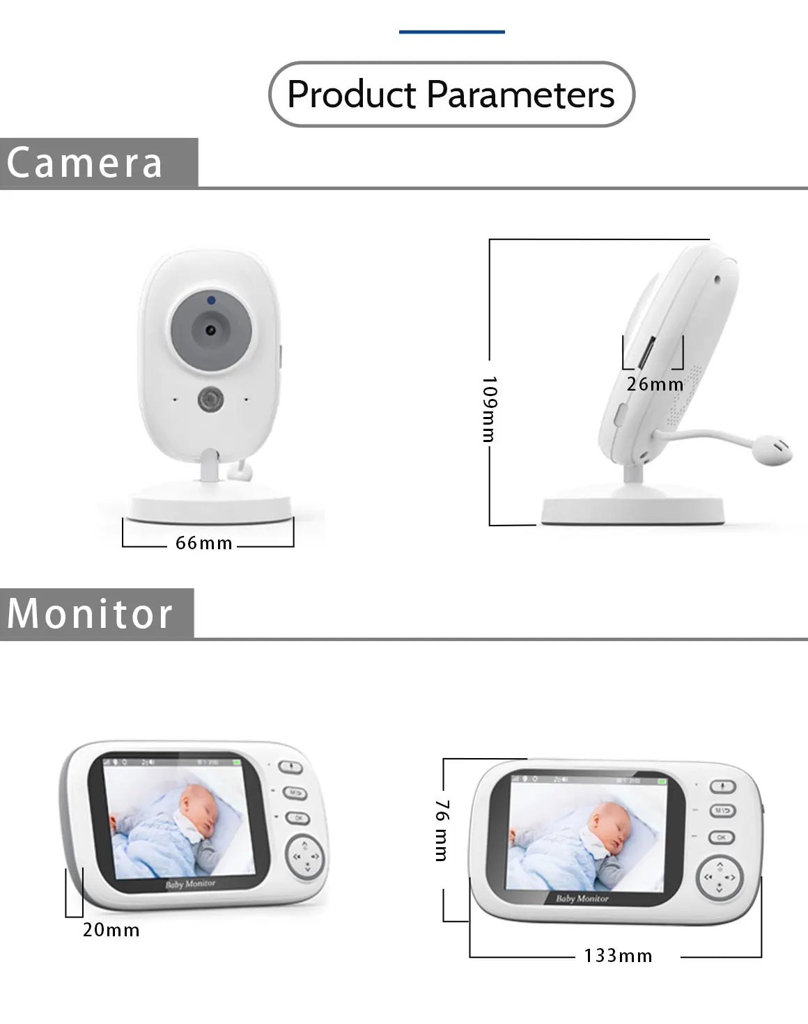 Baby Monitor 3.5'' HD con Visione Notturna, 2 Vie Audio, Sensore Temperatura