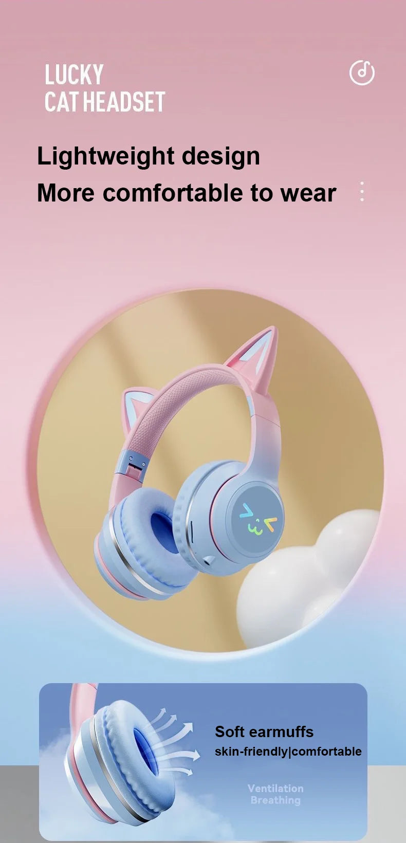 Cuffie Gatto Bluetooth 5.1 – Luci LED Colorate, Graziose Orecchie, Stereo HD
