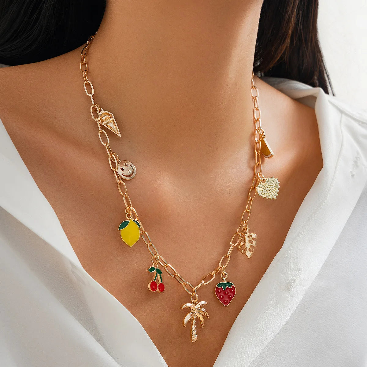 Collana Donna Retro: Ciondolo Occhio Malocchio, Croce e Stella Marina in Metallo - Gioiello con Elementi Marini