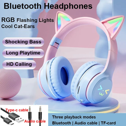 Cuffie Gatto Bluetooth 5.1 β Luci LED Colorate, Graziose Orecchie, Stereo HD