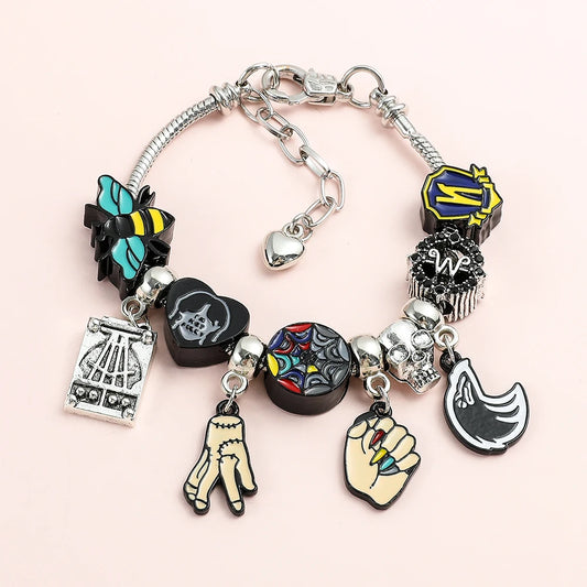 Bracciale Wednesday Addams Gotico, Ciondolo Mano, Perline Arcobaleno, Regalo Donna