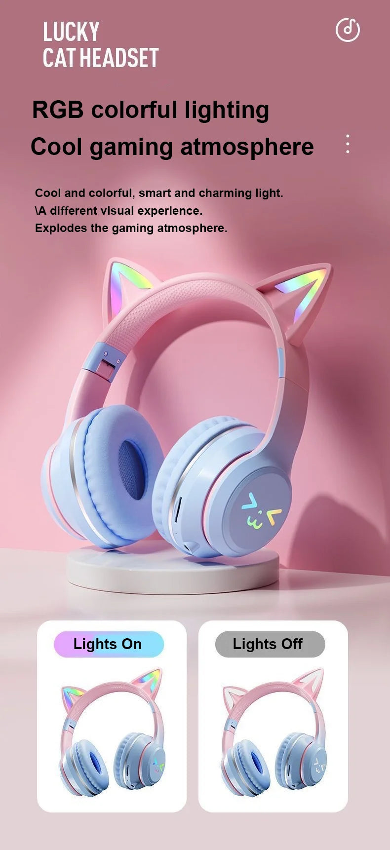 Cuffie Gatto Bluetooth 5.1 – Luci LED Colorate, Graziose Orecchie, Stereo HD