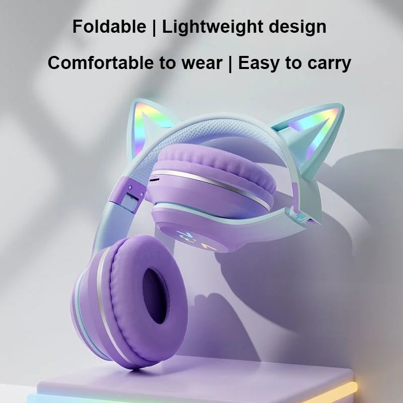Cuffie Gatto Bluetooth 5.1 – Luci LED Colorate, Graziose Orecchie, Stereo HD