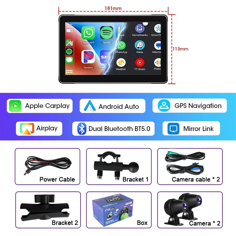 Schermo Moto 7" Wireless CarPlay & Android Auto | GPS | DVR | IPX7 | Touchscreen