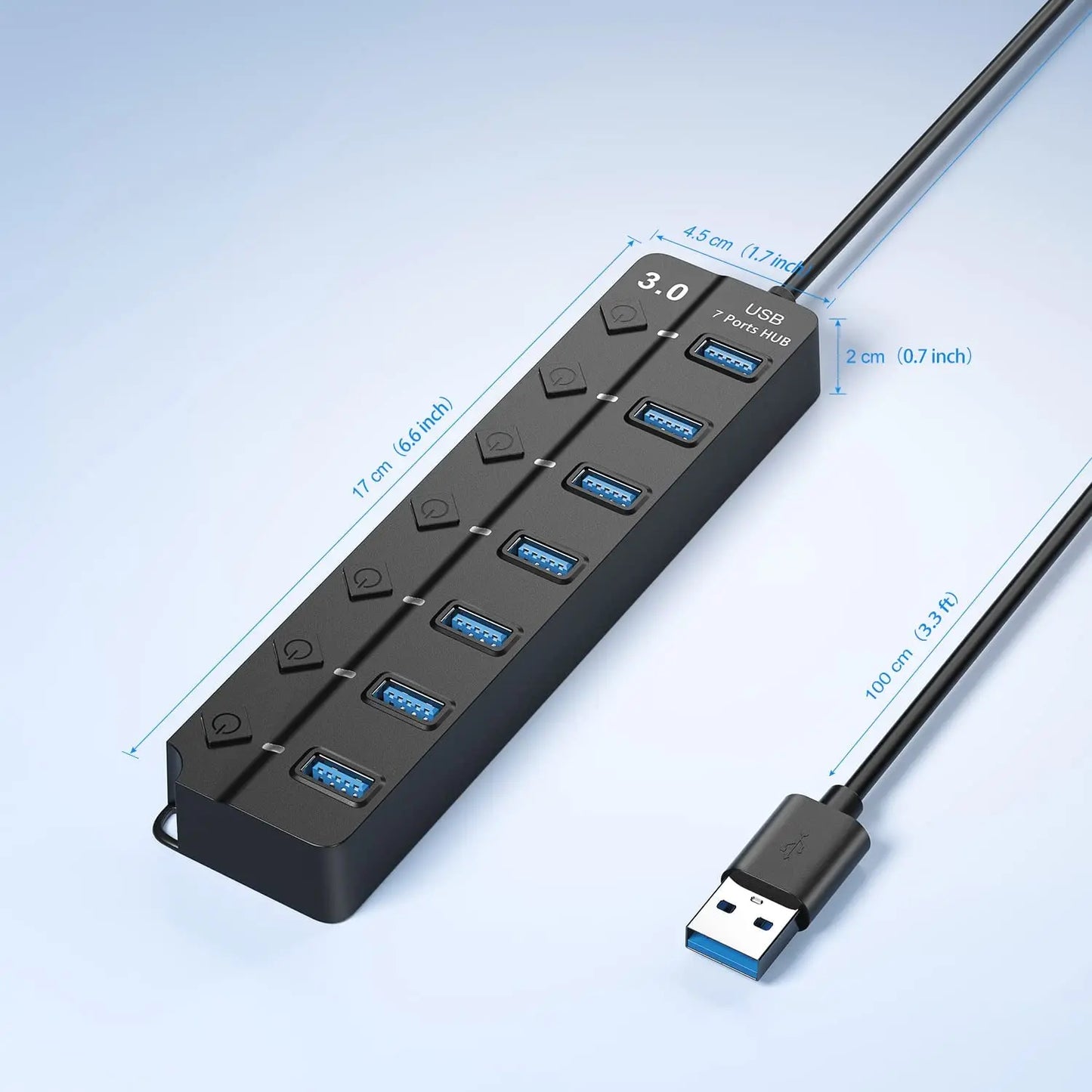 Hub USB 3.0 4/7 Porte con Interruttore e LED | Cavo 100cm, 5Gbps, Alimentato da BUS | Multi Splitter per Computer, Laptop, PC