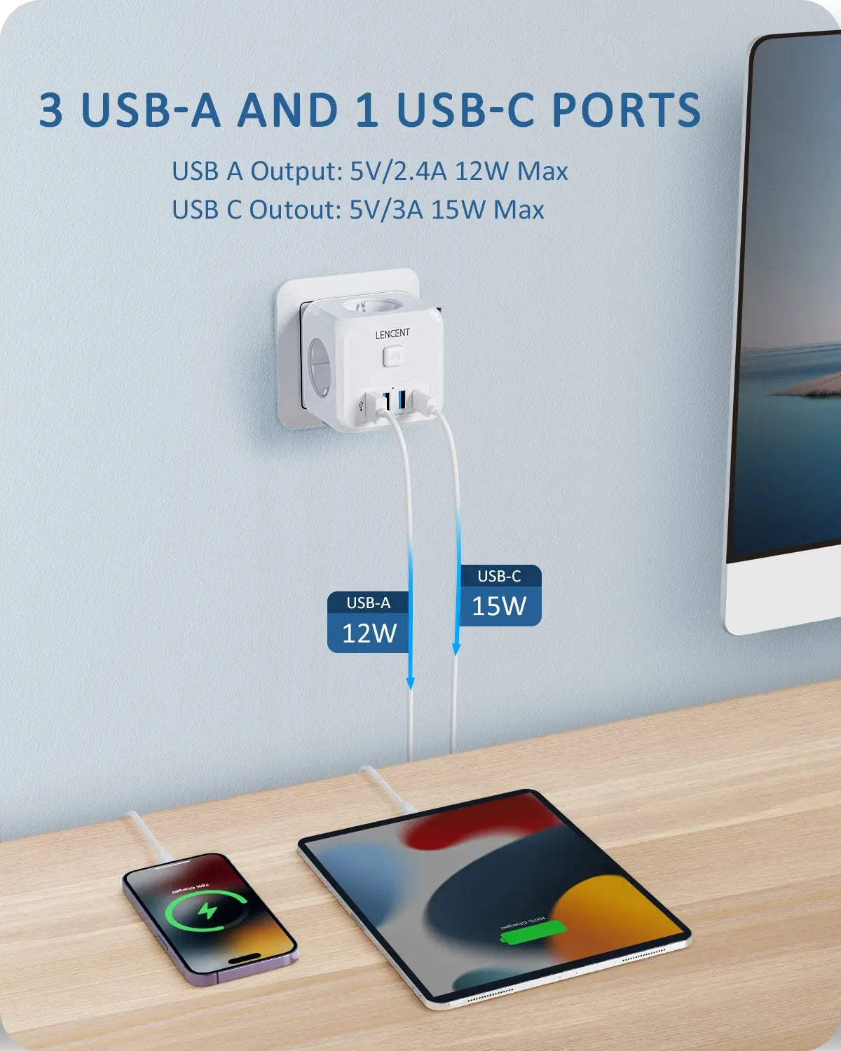 Extender Presa 7-in-1 - 3 USB + 1 Tipo C + 3 Prese EU con Interruttore