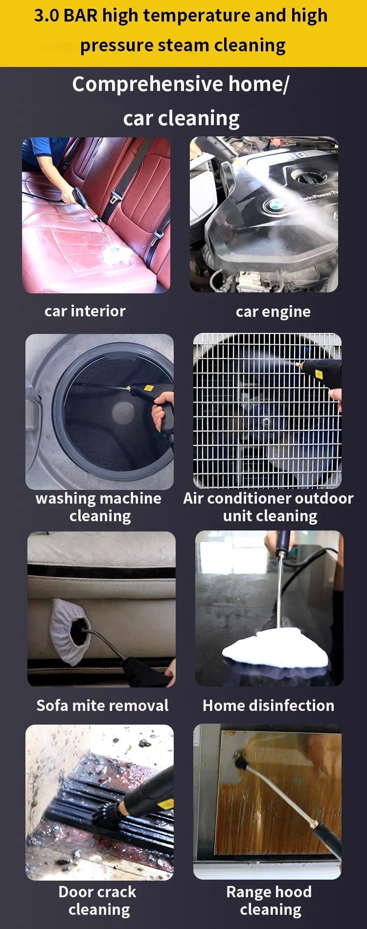 Pulitore a Vapore Portatile Sterilizza Auto, Divani Cucina Condizionamento 105°C