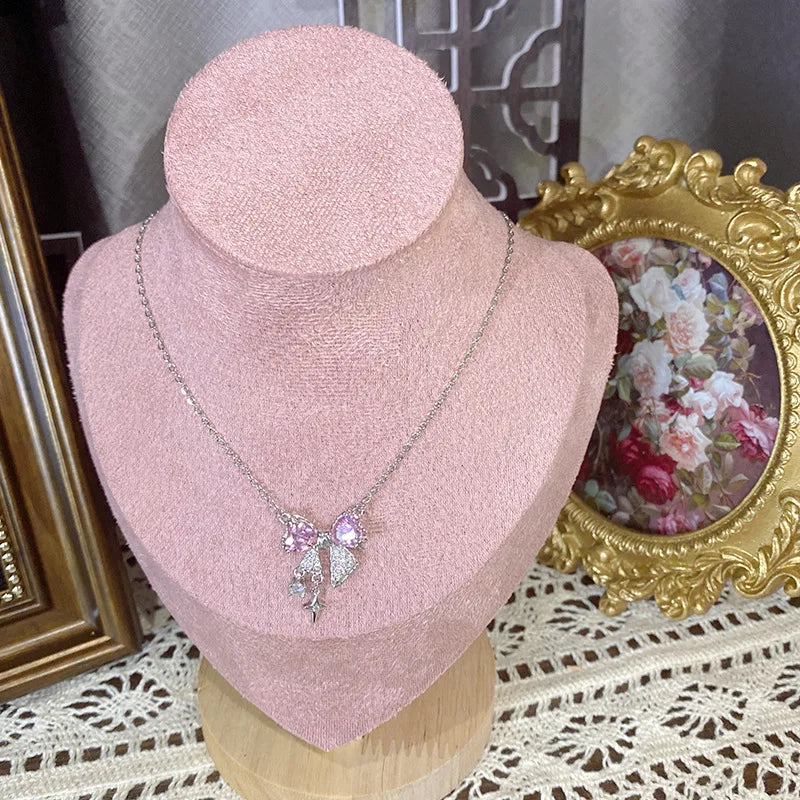 Collana Elegante con Fiocco Cristallo Rosa Stile Aesthetic