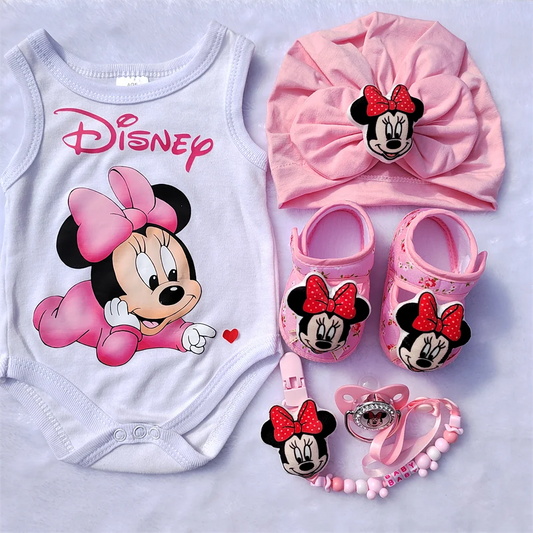 Set Neonato Minnie Mouse β Scarpe, Cappellino, Body in Cotone, Catenella Ciuccio
