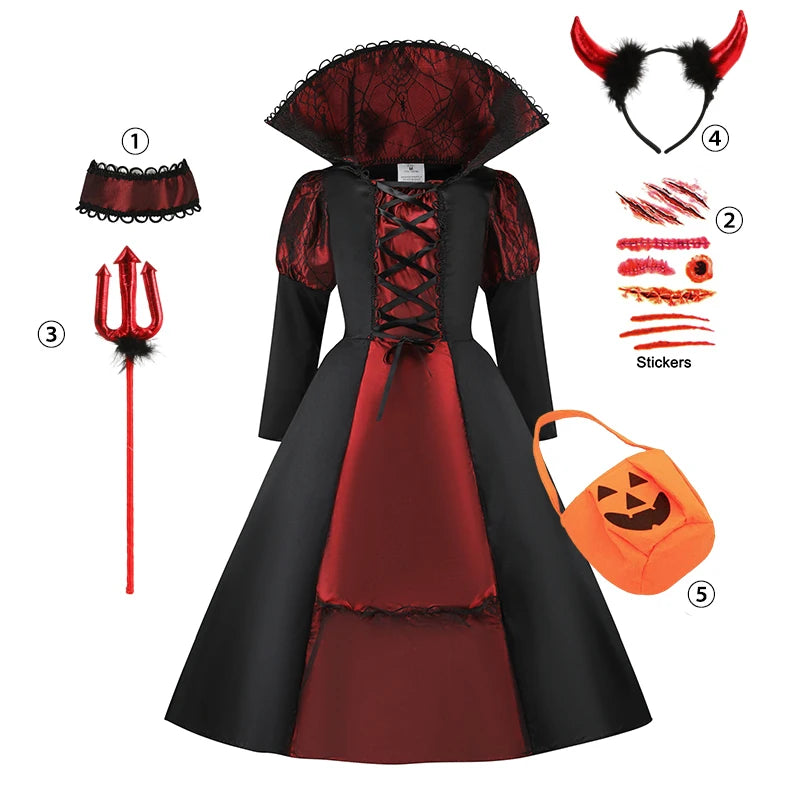 👻 Vestito Sposa Vampiro per Bambini - Maniche a Sbuffo, Stile Gotico con Fiocchi, Per Halloween e Feste!