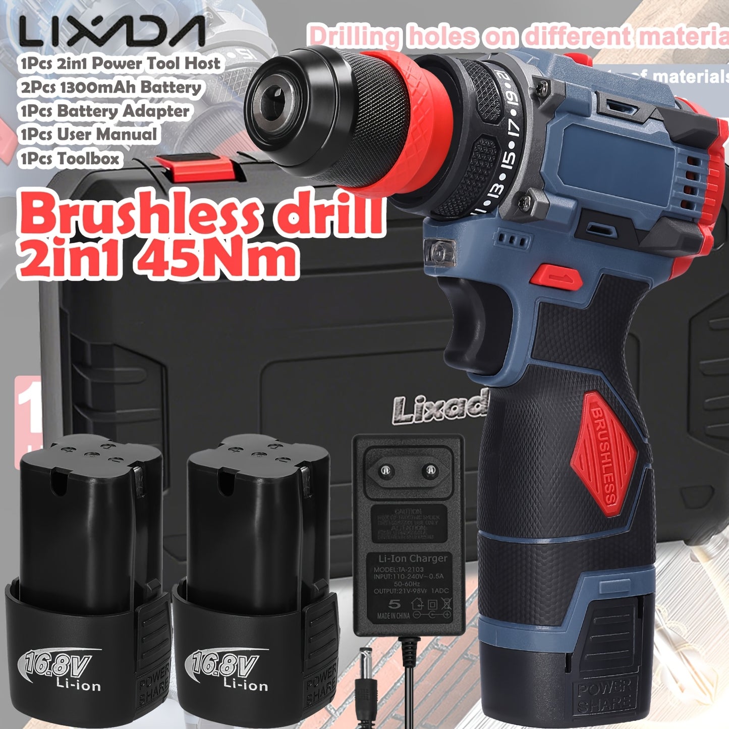 Kit Trapano Senza Fili Lixada 21V con 2 Batterie - 1450 RPM - Per Casa/Officina