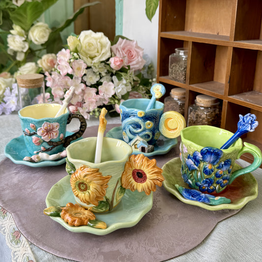 Set Tazza Ceramica Van Gogh Dipinto a Mano, Caffè con Soucer e Cucchiaio, Regalo Elegante