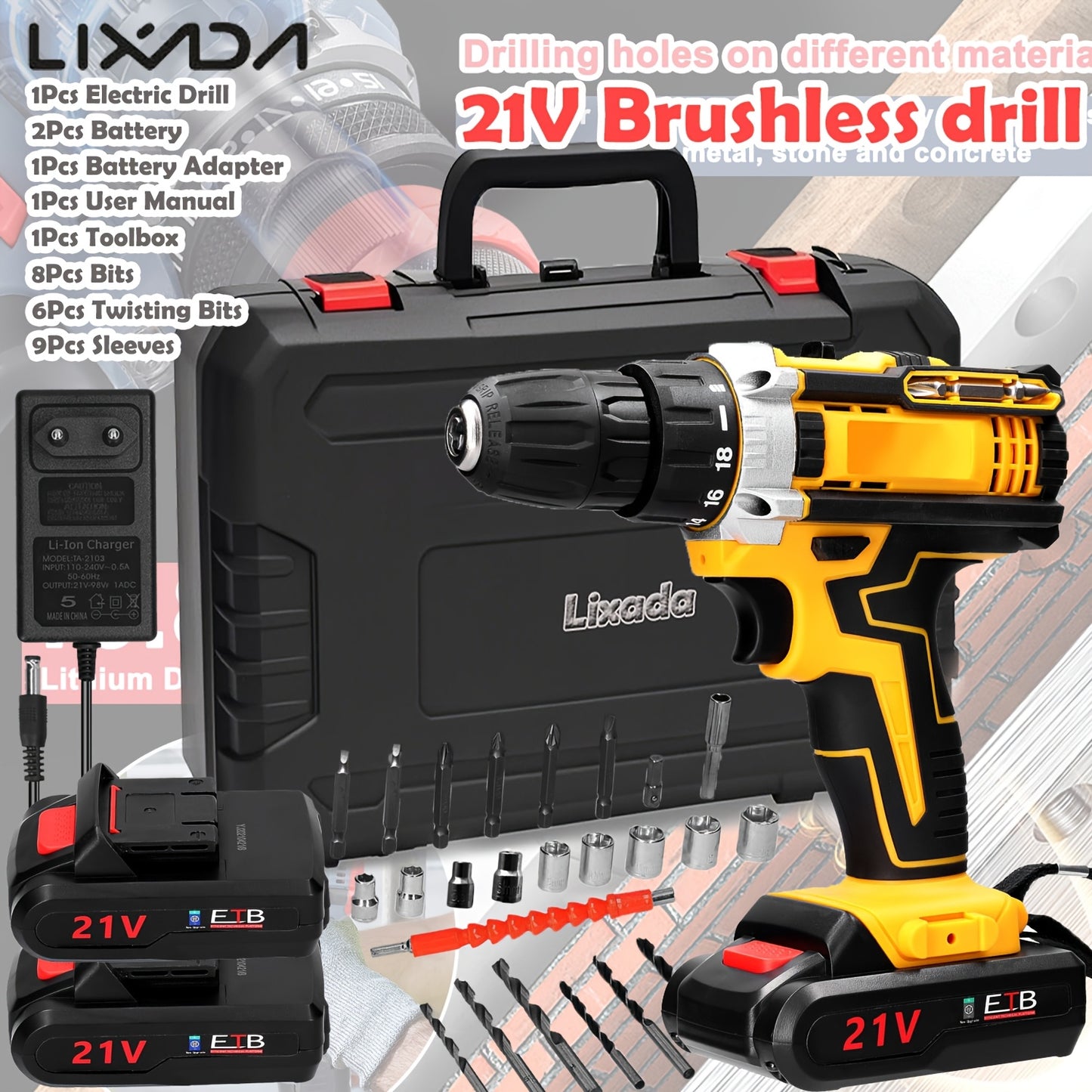 Kit Trapano Senza Fili Lixada 21V con 2 Batterie - 1450 RPM - Per Casa/Officina