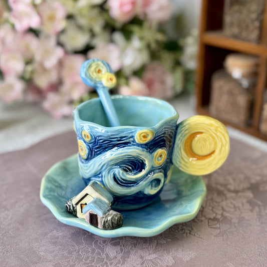 Set Tazza Ceramica Van Gogh Dipinto a Mano, Caffè con Soucer e Cucchiaio, Regalo Elegante