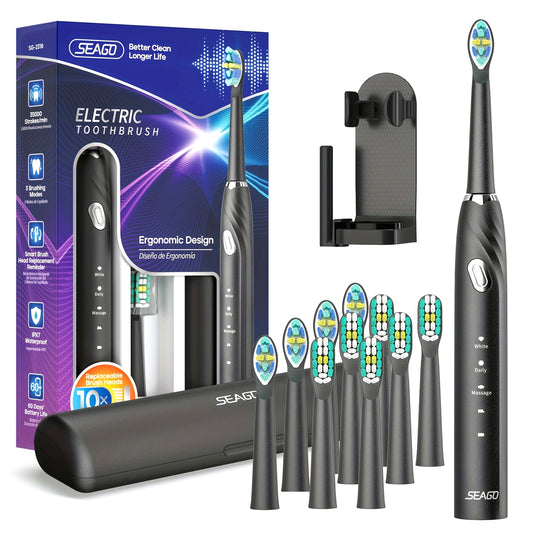 Spazzolino Elettrico Seago⚡ | 8 Testine + Custodia, Ricarica USB-C | Pulizia Profonda