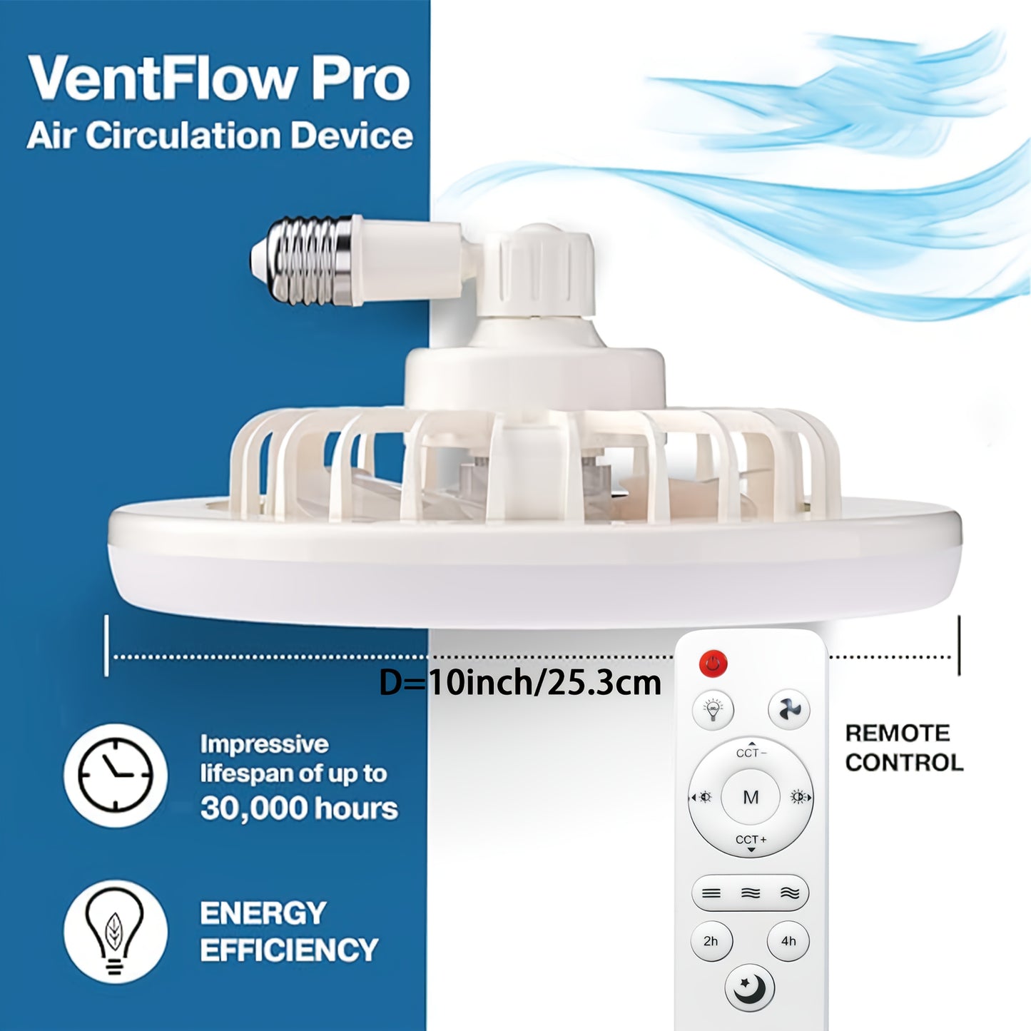 Ventilatore Soffitto LED 10" - 3 Velocità + Luce RGB 3000K-6500K, Telecomando