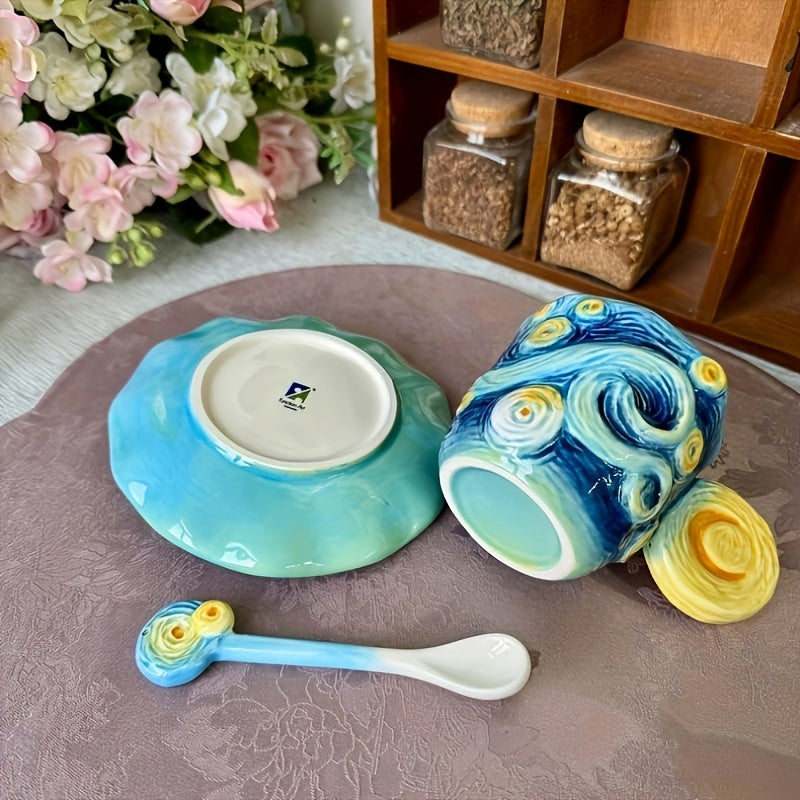 Set Tazza Ceramica Van Gogh Dipinto a Mano, Caffè con Soucer e Cucchiaio, Regalo Elegante