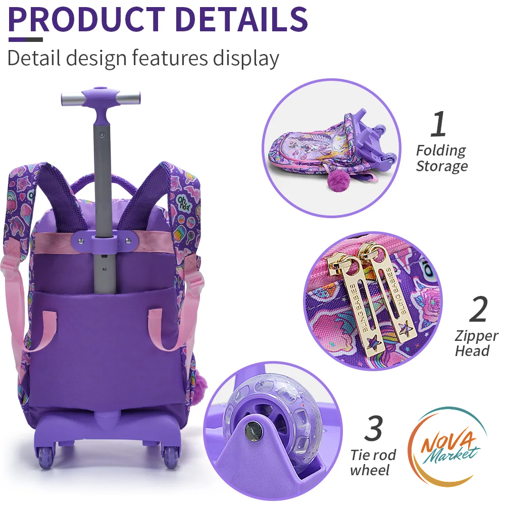 Set zaino scolastico con ruote unicorno e paillettes