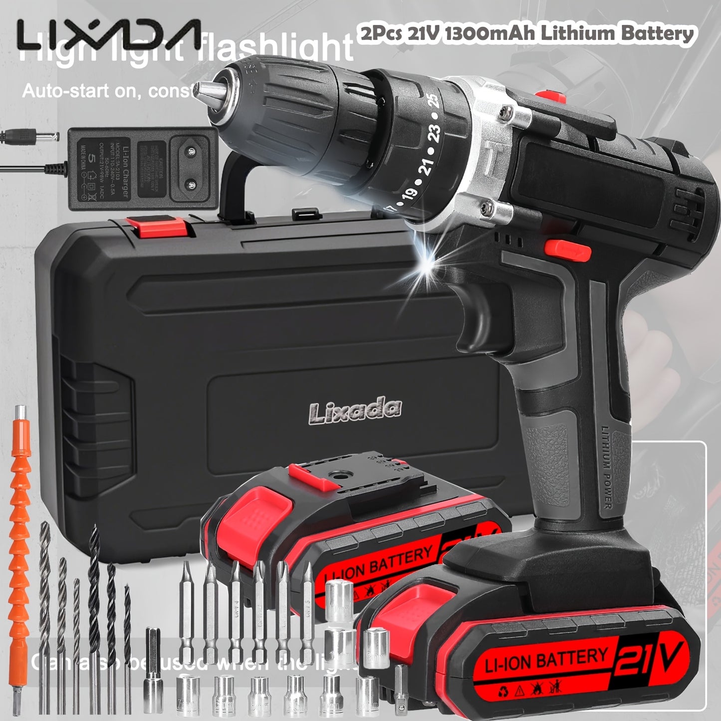 Kit Trapano Senza Fili Lixada 21V con 2 Batterie - 1450 RPM - Per Casa/Officina