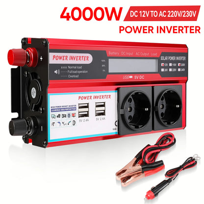 Convertitore Potenza 4000W 12V/220V Display LED Presa UE 4 USB Ricarica