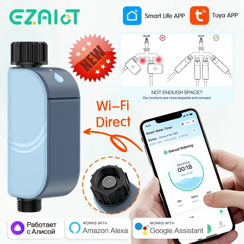 Timer Irrigazione WiFi Smart 2 Zone con App Tuya | Controllo Remoto, Programmi 10x Giorno, Durata Batteria 2 Anni