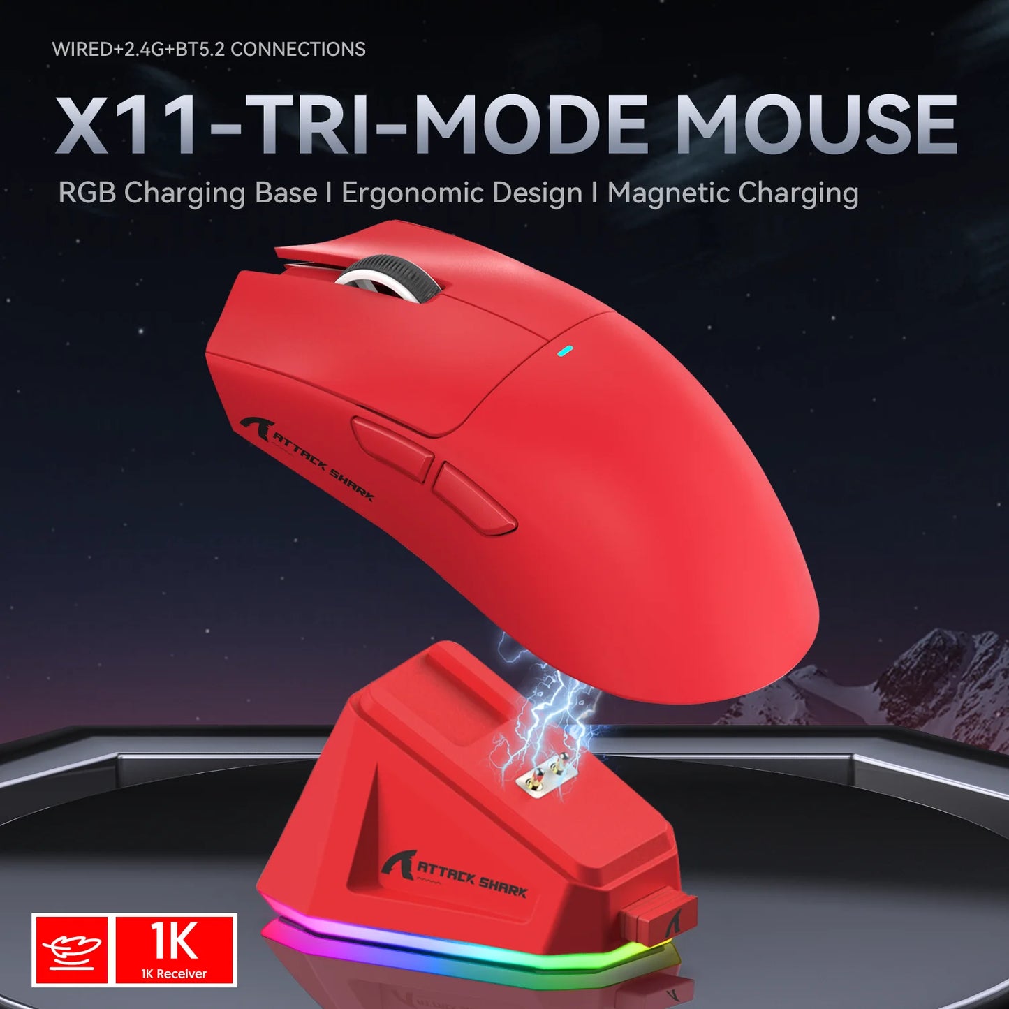 Mouse Gaming Attack Shark X11 🎮 | Trimodale BT/2.4G/Cavo | Dock Ricarica Magnetica | 22K DPI