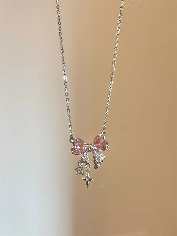 Collana Elegante con Fiocco Cristallo Rosa Stile Aesthetic