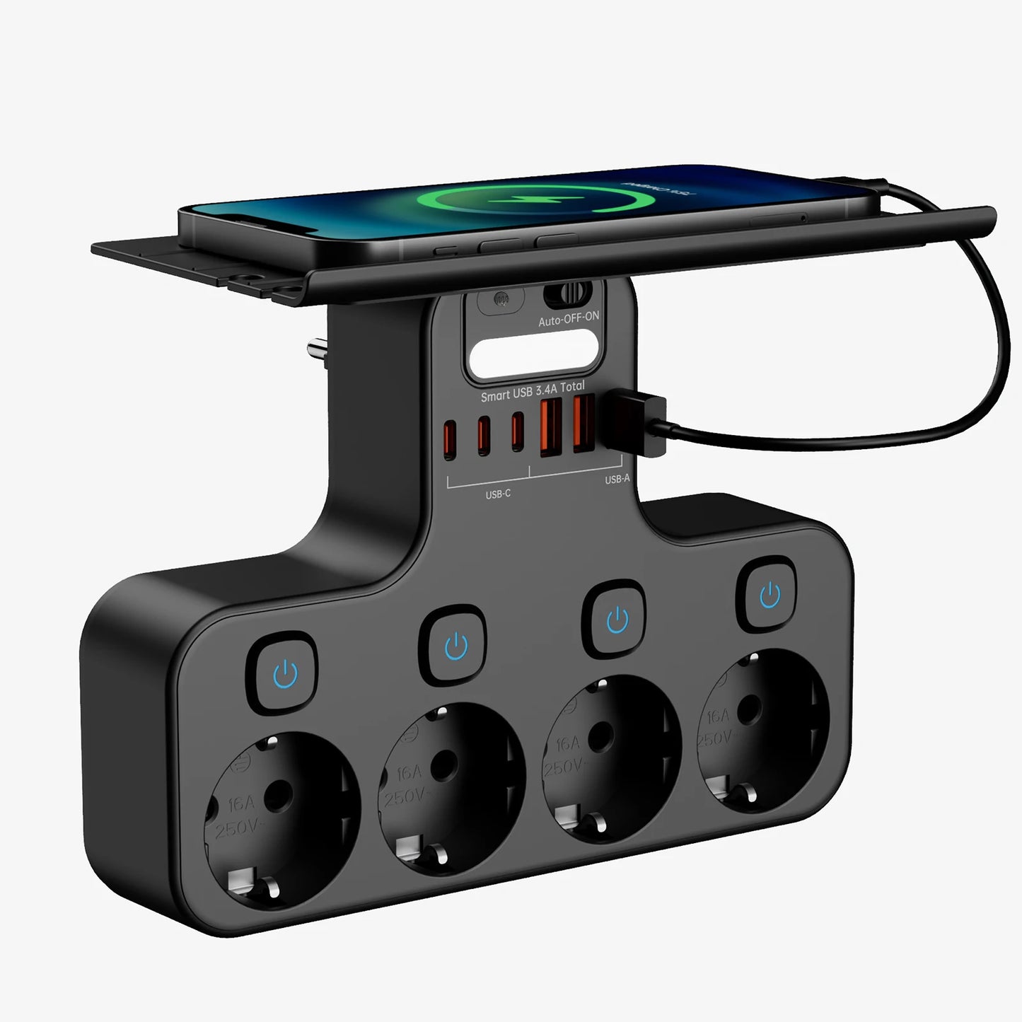 Ciabatta Multifunzione 4000W con USB-C – 4 Prese, Luce Notturna e Supporto Telefono