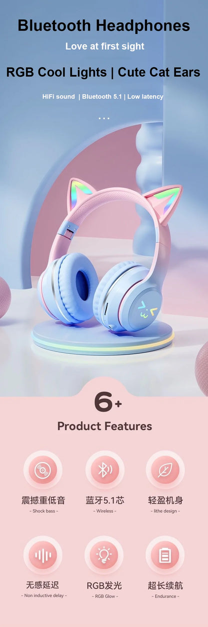 Cuffie Bluetooth 5.1 con Orecchie di Gatto e Luci LED RGB