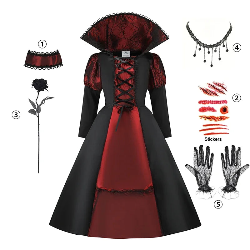 👻 Vestito Sposa Vampiro per Bambini - Maniche a Sbuffo, Stile Gotico con Fiocchi, Per Halloween e Feste!
