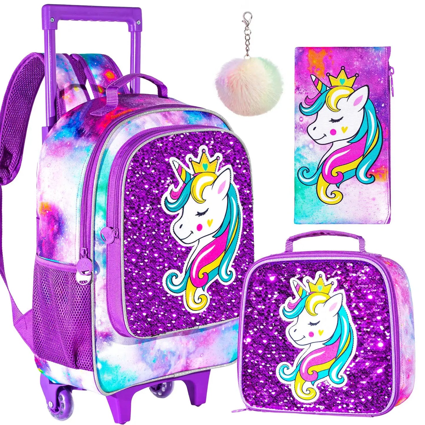 🦄 Zaino Trolley Unicorn 3-in-1 - Set Scuola con Portapranzo + Astuccio