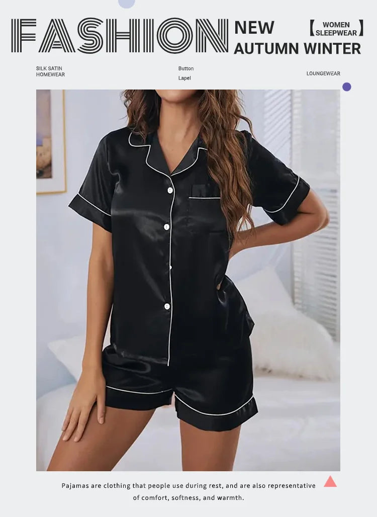 Pigiama Satin Donna - Top con Bottoni + Shorts - Set Notte Estat