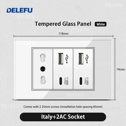 ⚡ Presa Muro Smart DELEFU - Vetro Temperato Bianco, USB Type-C, Ricarica Rapida 20W, Compatibile con Schuko Italia