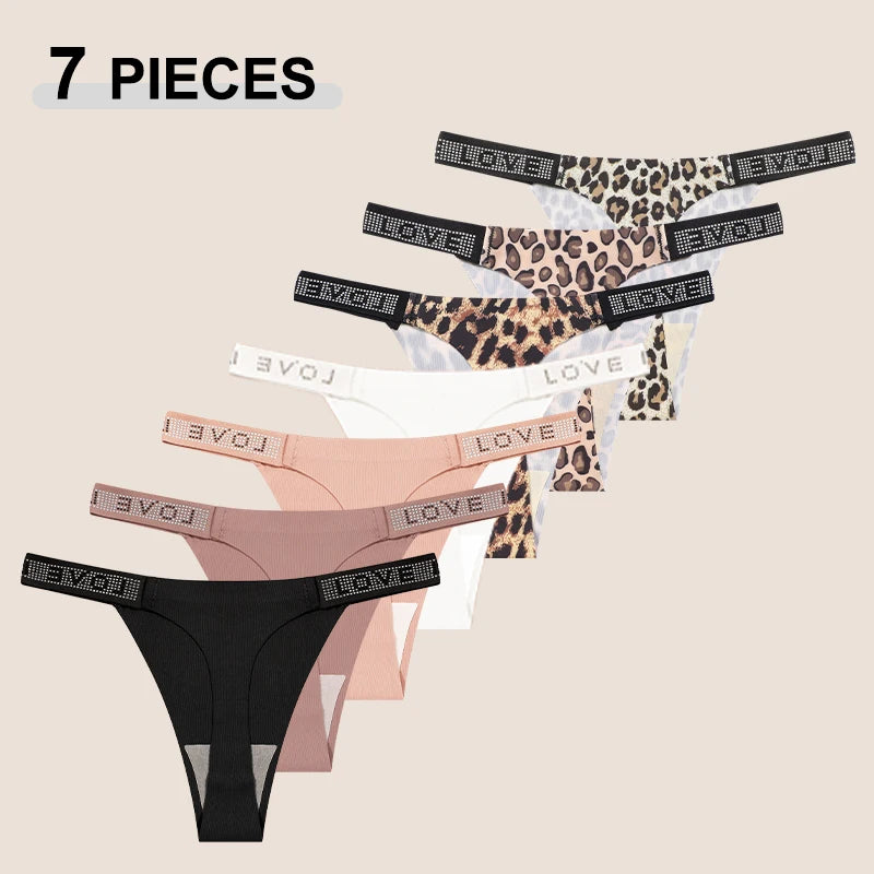 7 PERIZOMA LEOPARDO con LETTERA CRISTALLO - G-String Vita Bassa Senza Cuciture