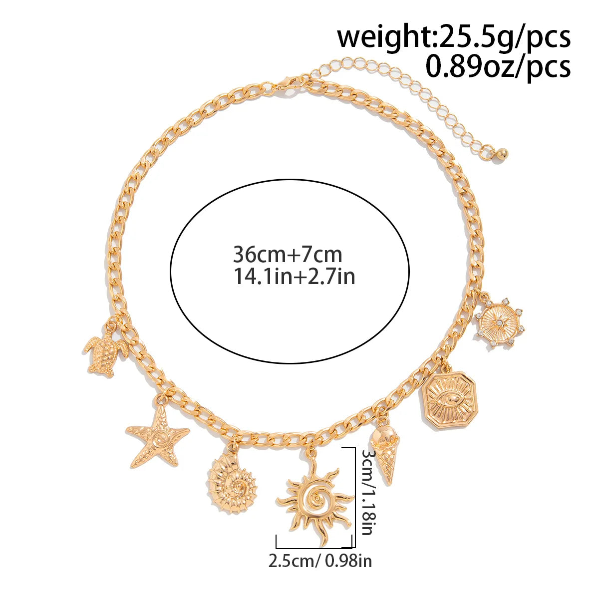 Collana Donna Retro: Ciondolo Occhio Malocchio, Croce e Stella Marina in Metallo - Gioiello con Elementi Marini