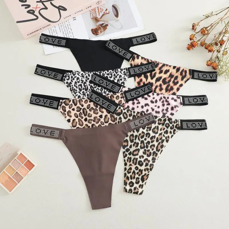 7 PERIZOMA LEOPARDO con LETTERA CRISTALLO - G-String Vita Bassa Senza Cuciture