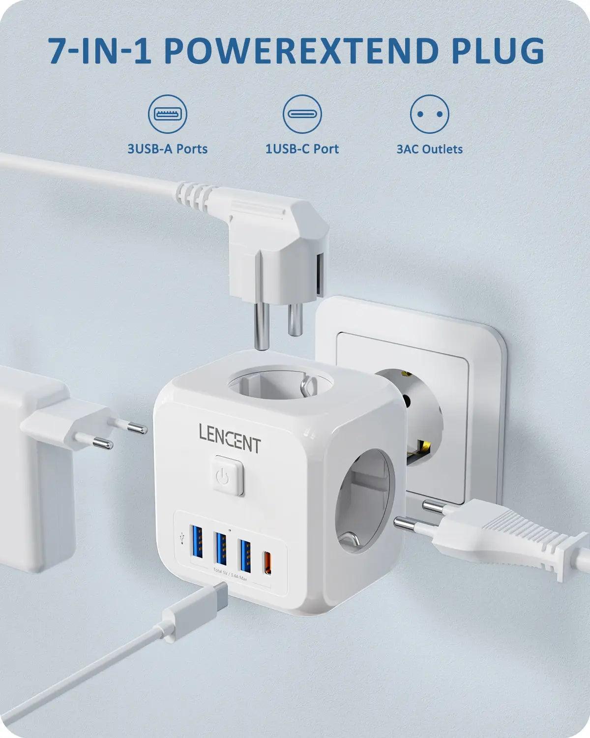 Extender Presa 7-in-1 - 3 USB + 1 Tipo C + 3 Prese EU con Interruttore