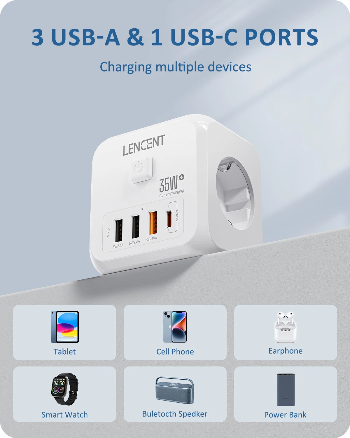Extender Presa 7-in-1 - 3 USB + 1 Tipo C + 3 Prese EU con Interruttore