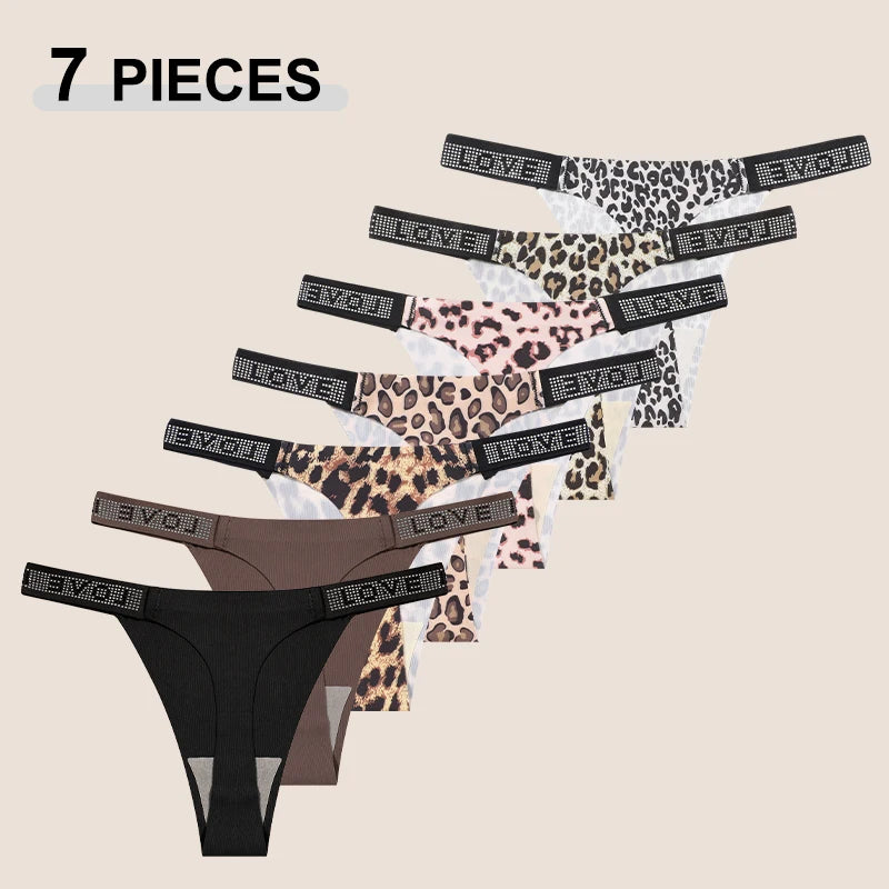 7 PERIZOMA LEOPARDO con LETTERA CRISTALLO - G-String Vita Bassa Senza Cuciture