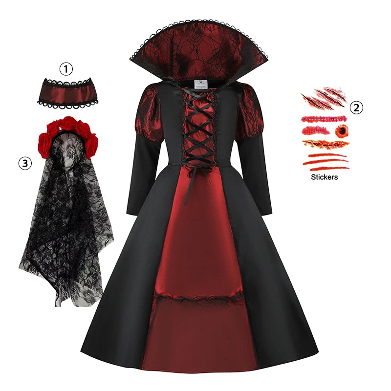 👻 Vestito Sposa Vampiro per Bambini - Maniche a Sbuffo, Stile Gotico con Fiocchi, Per Halloween e Feste!