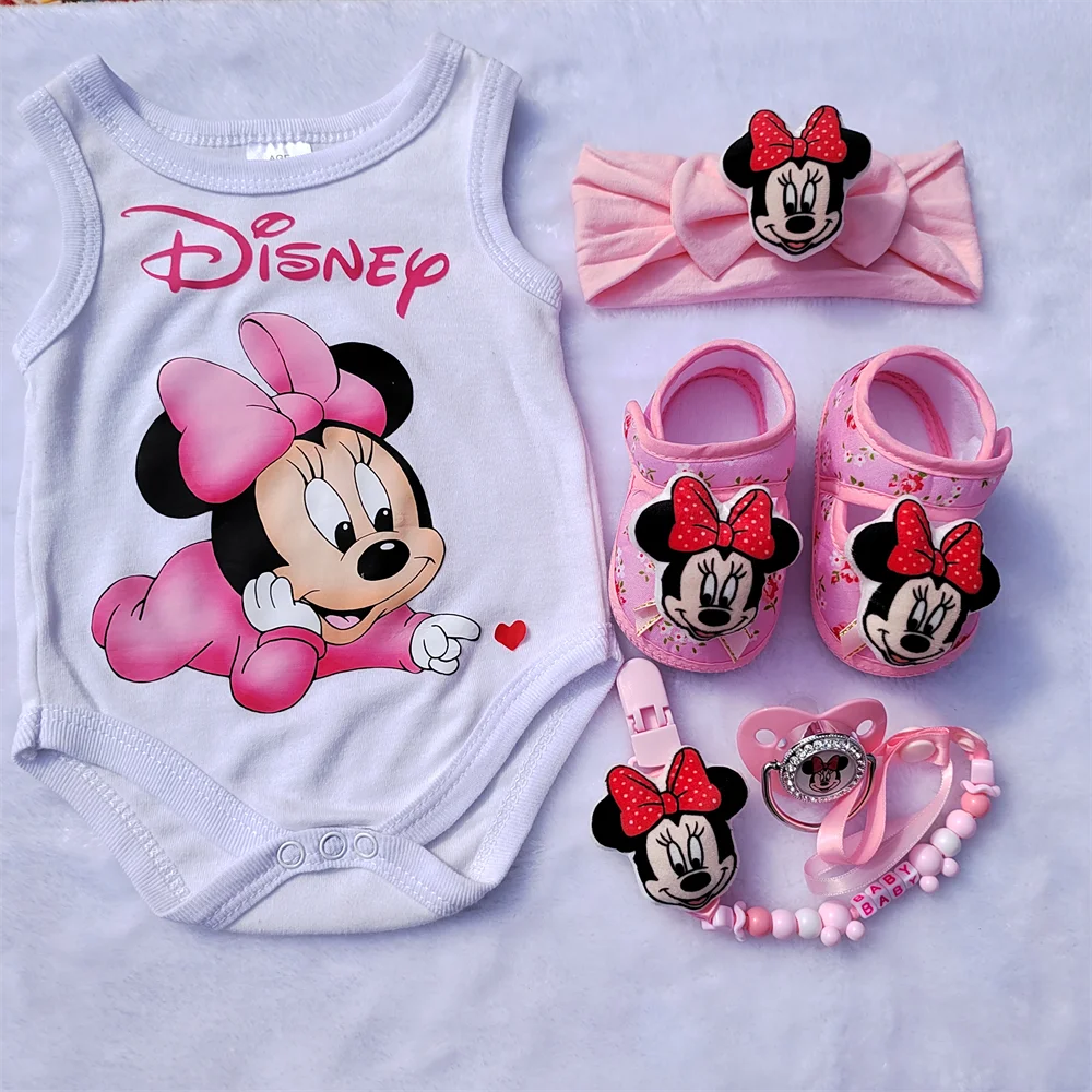 Set Neonato Minnie Mouse – Scarpe, Cappellino, Body in Cotone, Catenella Ciuccio