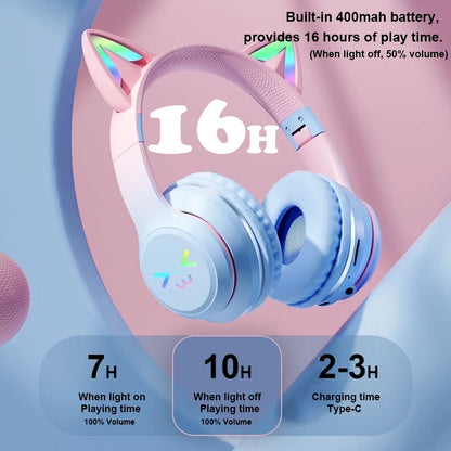 Cuffie Bluetooth 5.1 con Orecchie di Gatto e Luci LED RGB