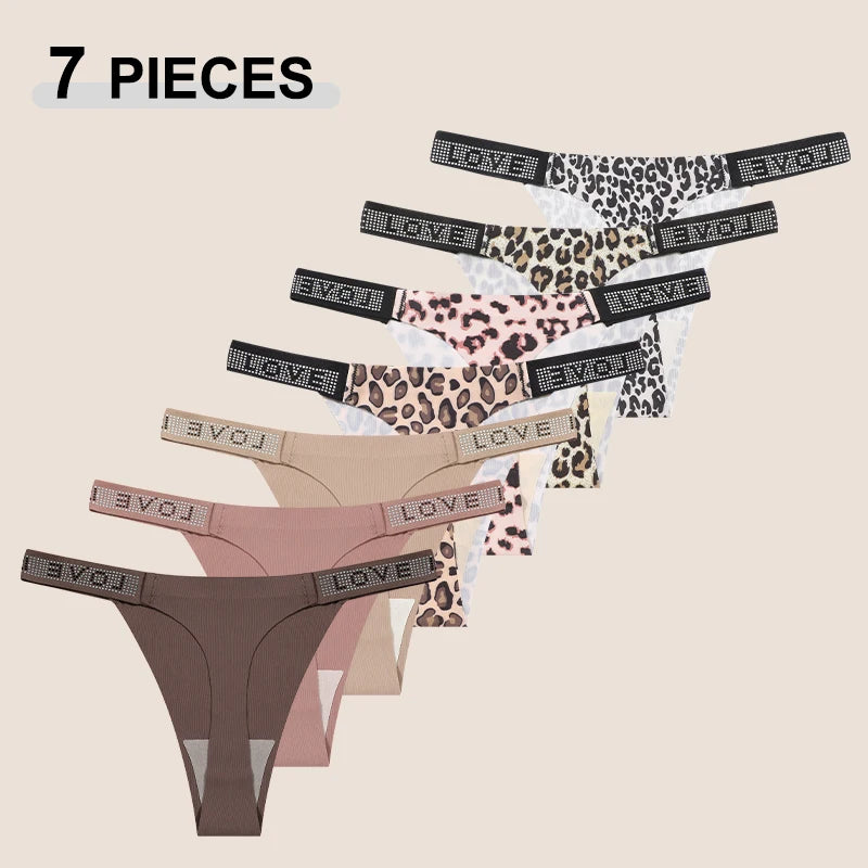 7 PERIZOMA LEOPARDO con LETTERA CRISTALLO - G-String Vita Bassa Senza Cuciture