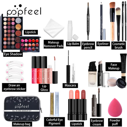 Trucco Completo Tutto-in-Uno popfeel - Kit Makeup con Ombretti, Fondotinta, Pennelli, Gloss Labbra
