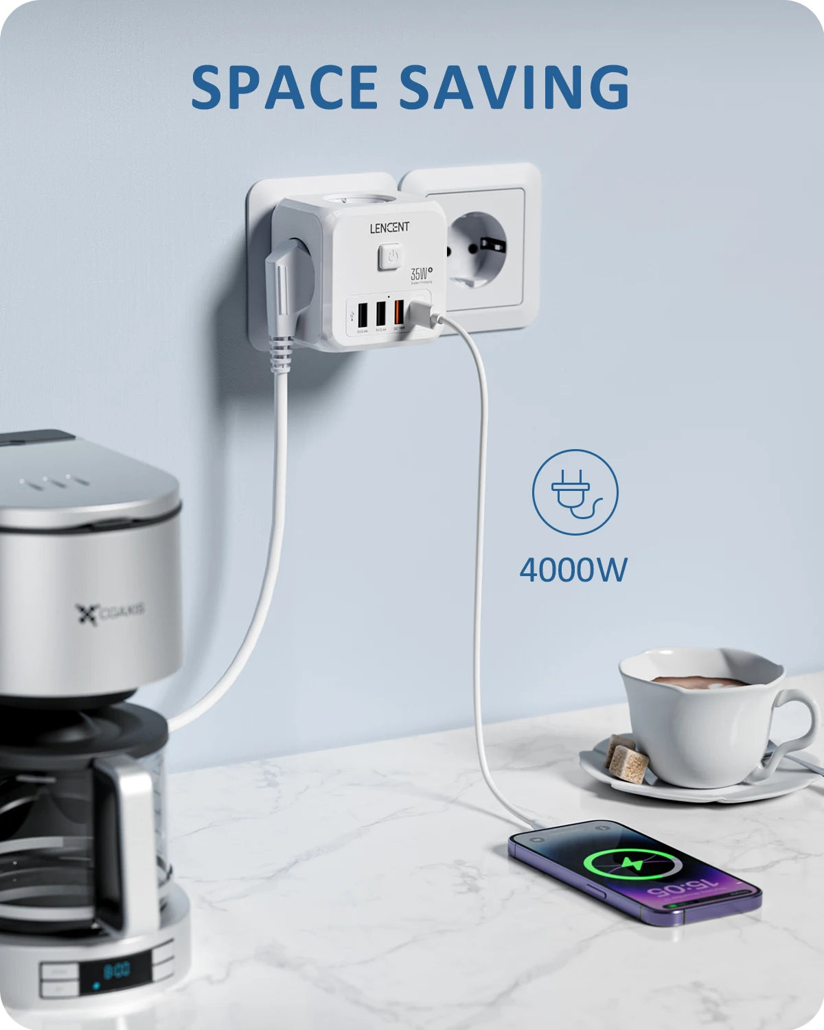 Extender Presa 7-in-1 - 3 USB + 1 Tipo C + 3 Prese EU con Interruttore