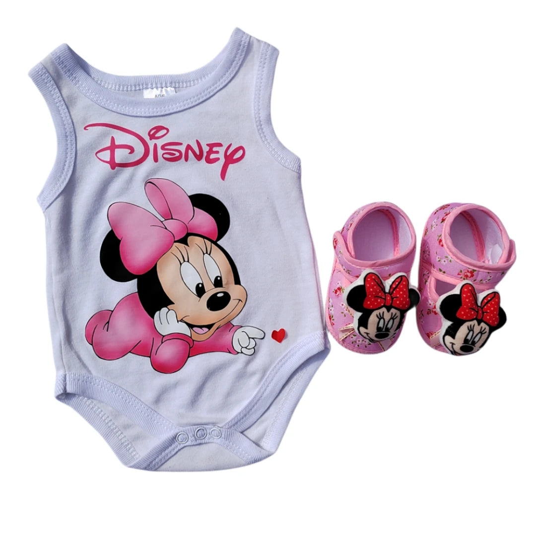 Set Neonato Minnie Mouse – Scarpe, Cappellino, Body in Cotone, Catenella Ciuccio