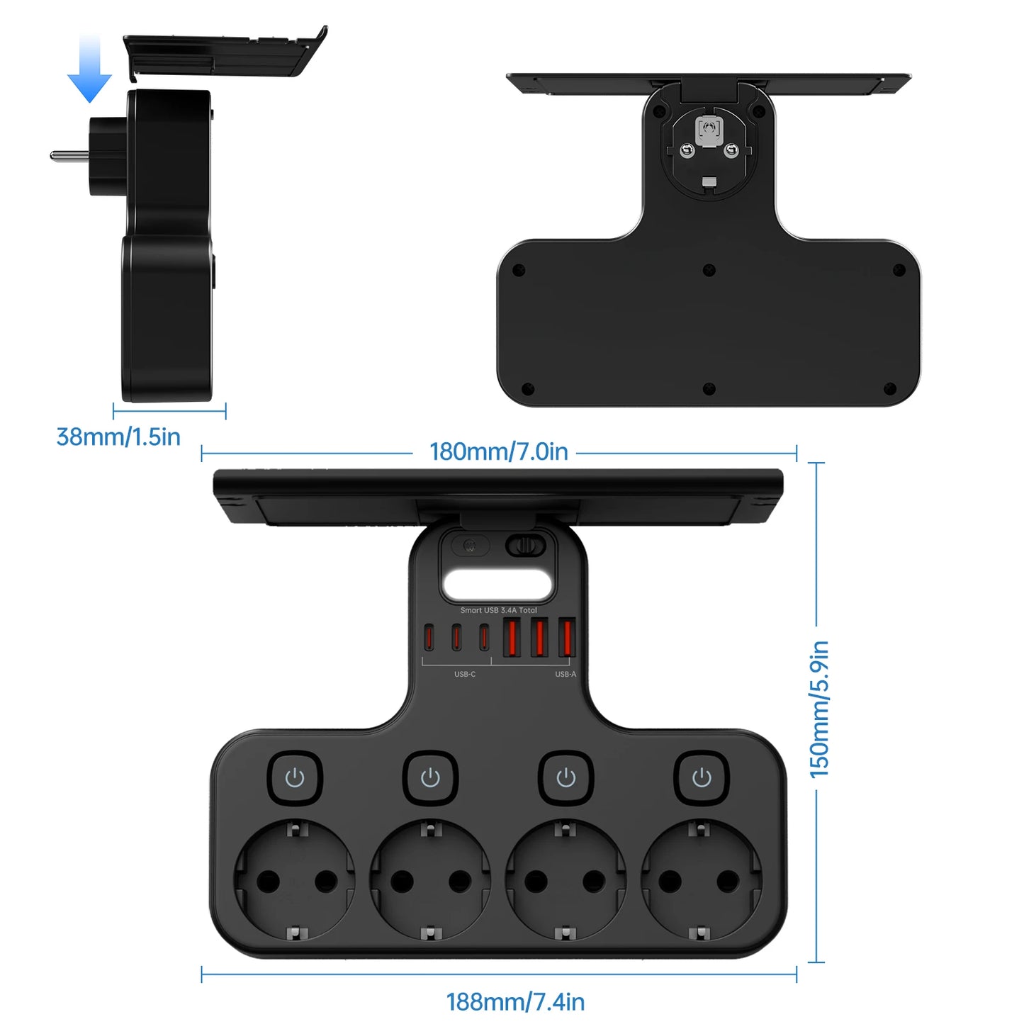 Ciabatta Multifunzione 4000W con USB-C – 4 Prese, Luce Notturna e Supporto Telefono