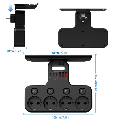 Ciabatta Multifunzione 4000W con USB-C – 4 Prese, Luce Notturna e Supporto Telefono